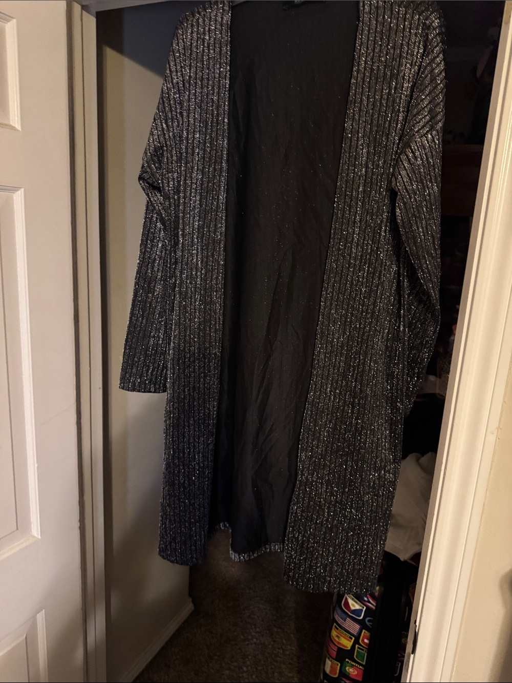 REFKA Sparkle Ribbed Open-Front Long Cardigan Dress - Black Sz L-XL